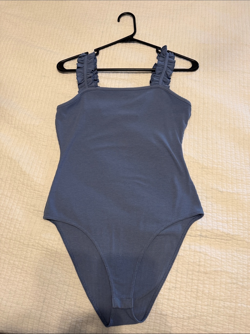 Ribbed One-Piece bodysuit with Ruffle Straps - Dusty Blue